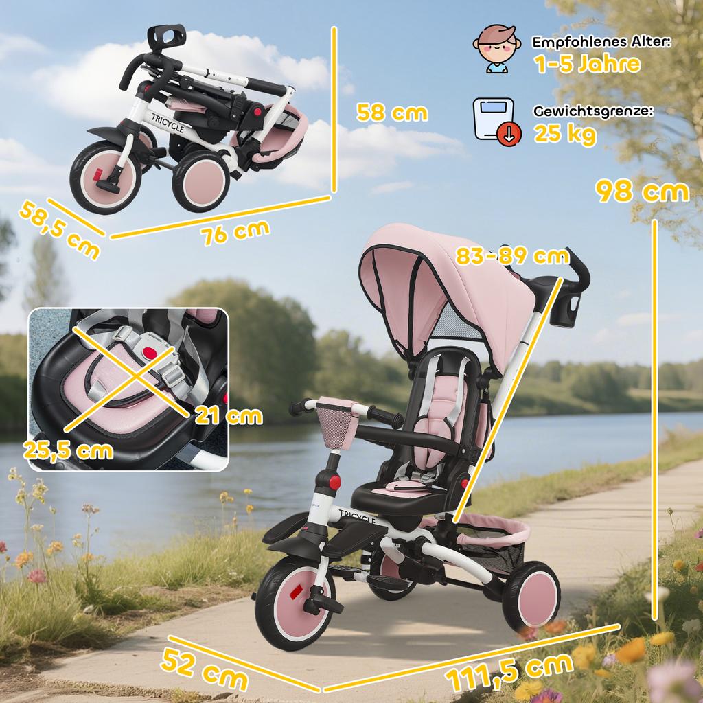 6 In 1 Foldable Kids Trike with Adjustable Parent Handle & Canopy for Ages 1-5, Pink