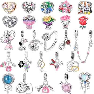 Original Copper Romantic Wedding Charms Bouquet Ring Rose Heart Beads Pendants Fit Bracelets Diy Fine Jewelry Gifts