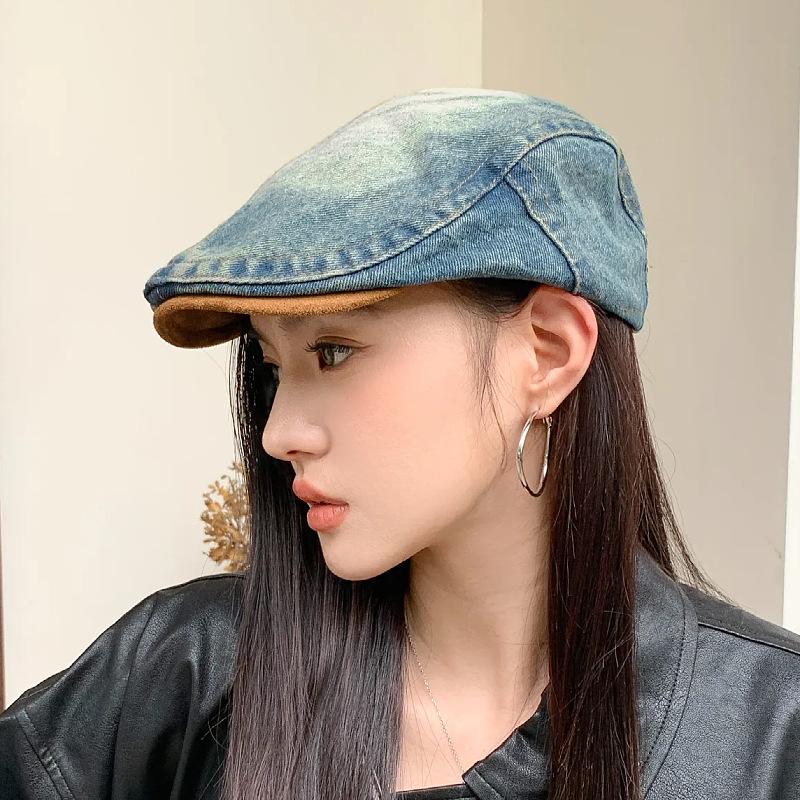 Retro and old anti-wearing denim forward hat female face peaked cap newsboy hat spring and autumn versatile painter hat
