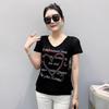 Summer New Short Sleeve Sexy Lace Letter Heart T-shirt Shirt Women Casual V-Neck Hot Diamonds Tees Ladies Elegant Pullover Tops