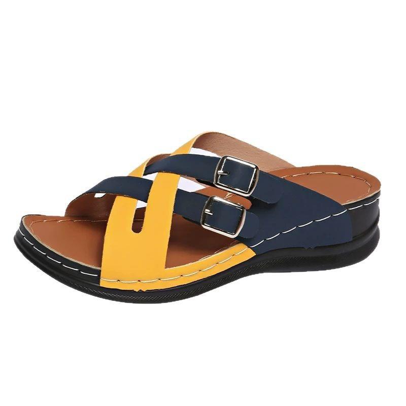 Large Size Color Matching Slippers Women's New Fish Mouth Thick Bottom Fashion Belt Buckle One-word Cool Slippers