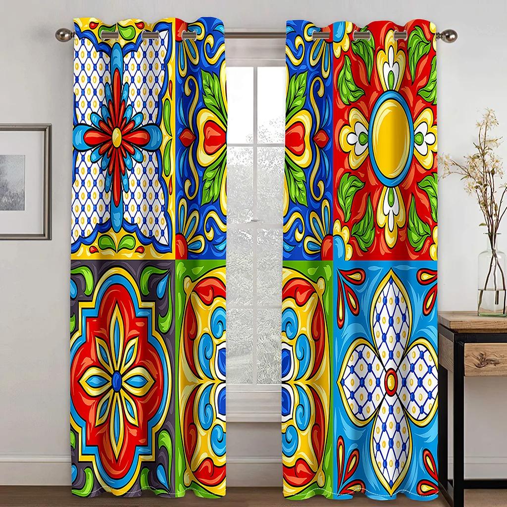 Bohemian Retro Curtain for Bedroom, Thin Polyester Sunshading Window Decorative, Boho Printing, Finished