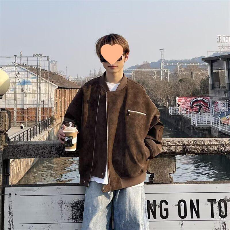 Мужская ретро-куртка из замши - Унисекс, корейский стиль, для весны и осени M
