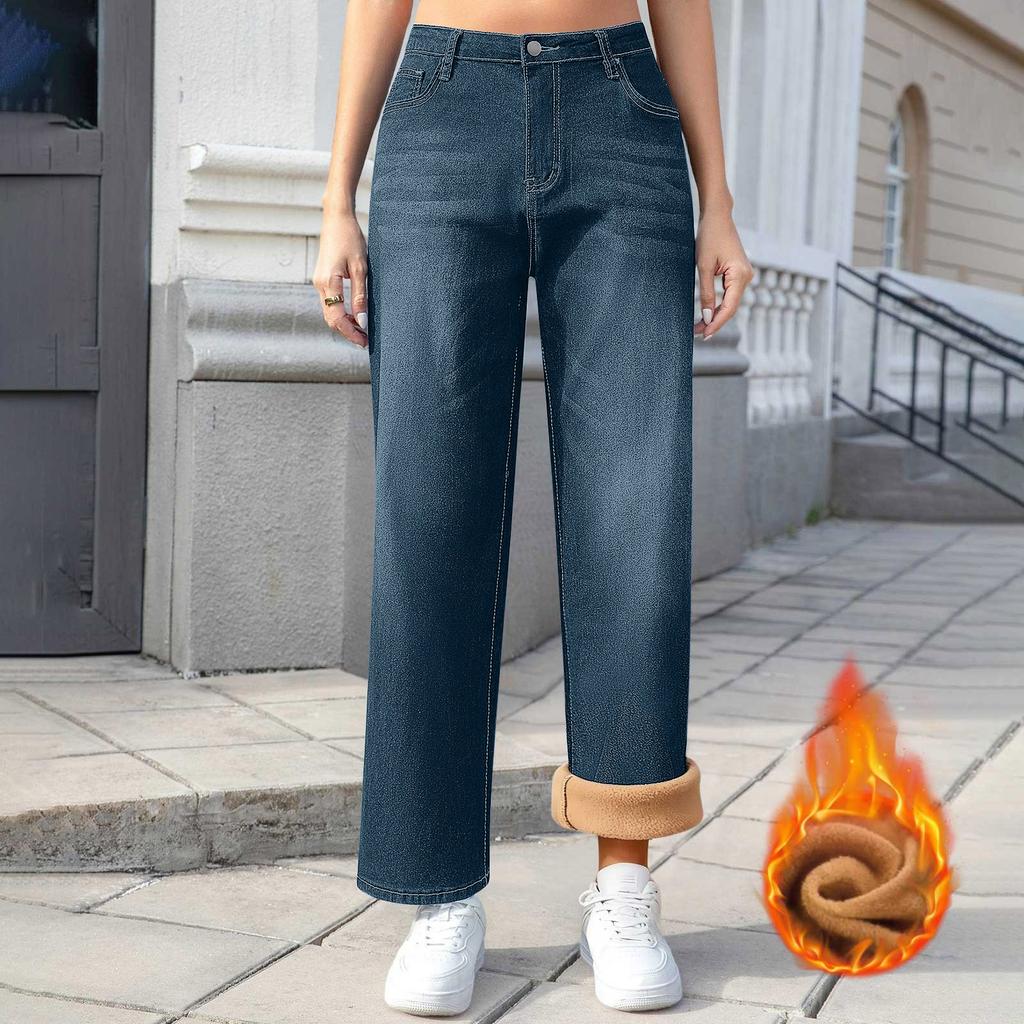 Women Winter Thciken Fleece Keep Warm Denim Jeans Ladies High Street Straight Pants