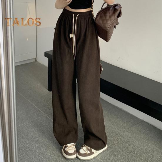 Pantaloni pentru femei cu talie înaltă elastică, cu șnur ajustabil, pantaloni lungi, culoare uni, drepte, cu picior lat, pantaloni ocazionali, ținute zilnice