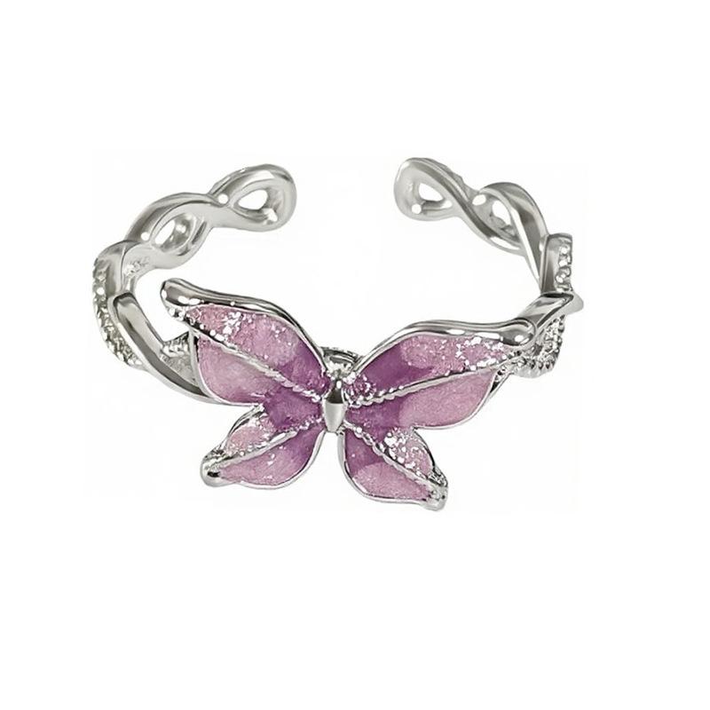 Double-Layer Butterfly Enamel Dripping Oil Sweet And Cool Open Ring Small Fresh Temperament Stacked Wearing Personalized Niche Ring Woman