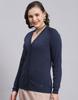 MONTE CARLO Womens Solid Navy Blue V Neck Full Sleeve Cardigan