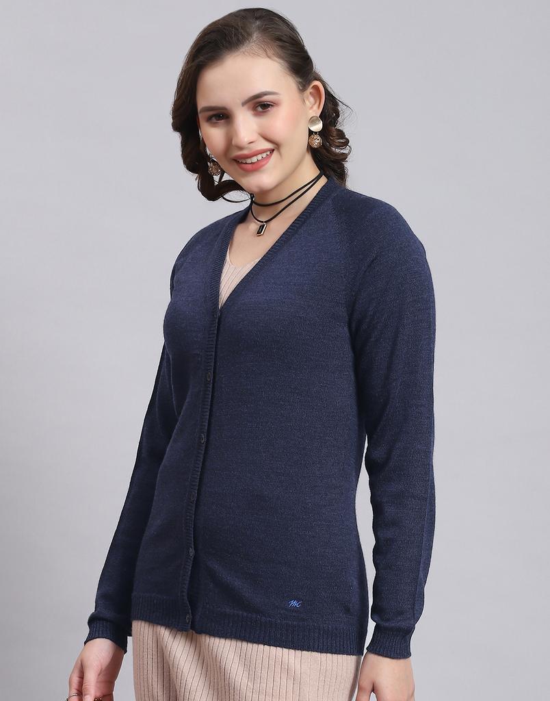 MONTE CARLO Womens Solid Navy Blue V Neck Full Sleeve Cardigan