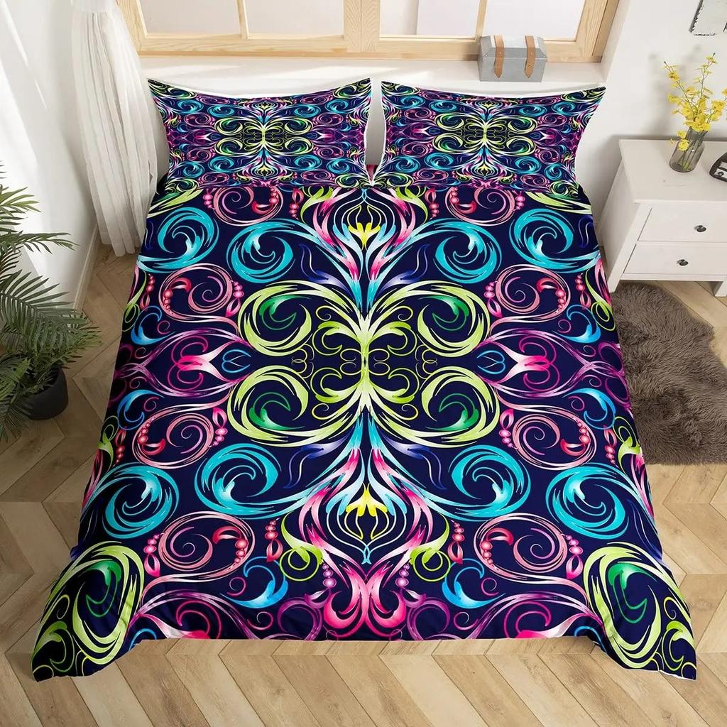Lotus Duvet Cover Trippy Dreamy Mandala Bedding Set,Boho Floral Comforter Cover Exotic Tribal Damask Flowers Bed Set Twin Queen