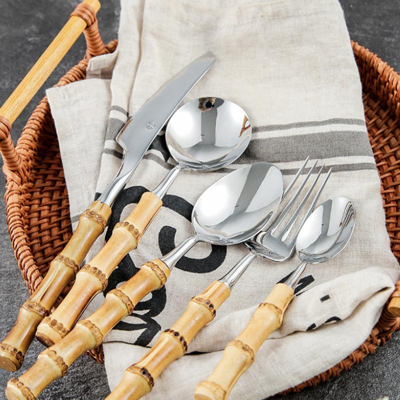 Long Handle Serving Spoon Fork Stainless Steel Gold Silver Bamboo Wooden Salad Spork Dessert Salad Spoon Tableware Set Kitchen