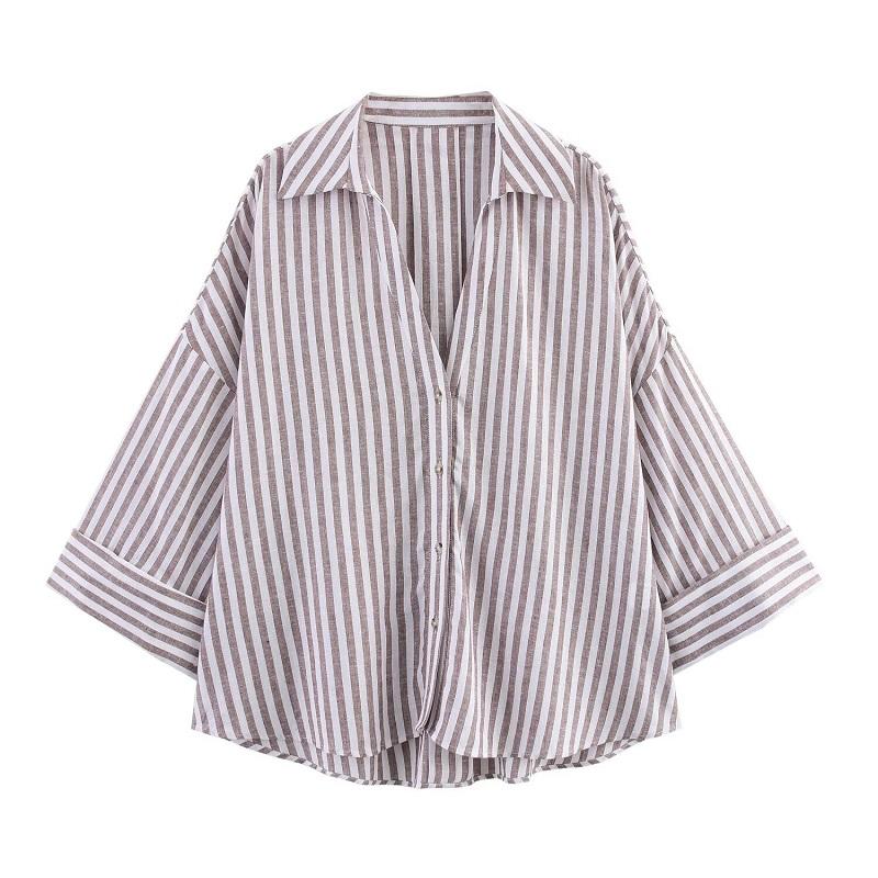 Summer European and American Women's Fashion Slimming Linen Multi-colored Striped Long Sleeve Shirt Top
