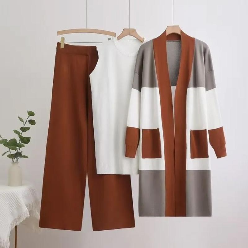 

Женские костюмы комплекты хлопок большой размер брюки клеш утолщенный топ-жилет длинные брюки оверсайз кардиган вязаный костюм тройка One Size коричневый