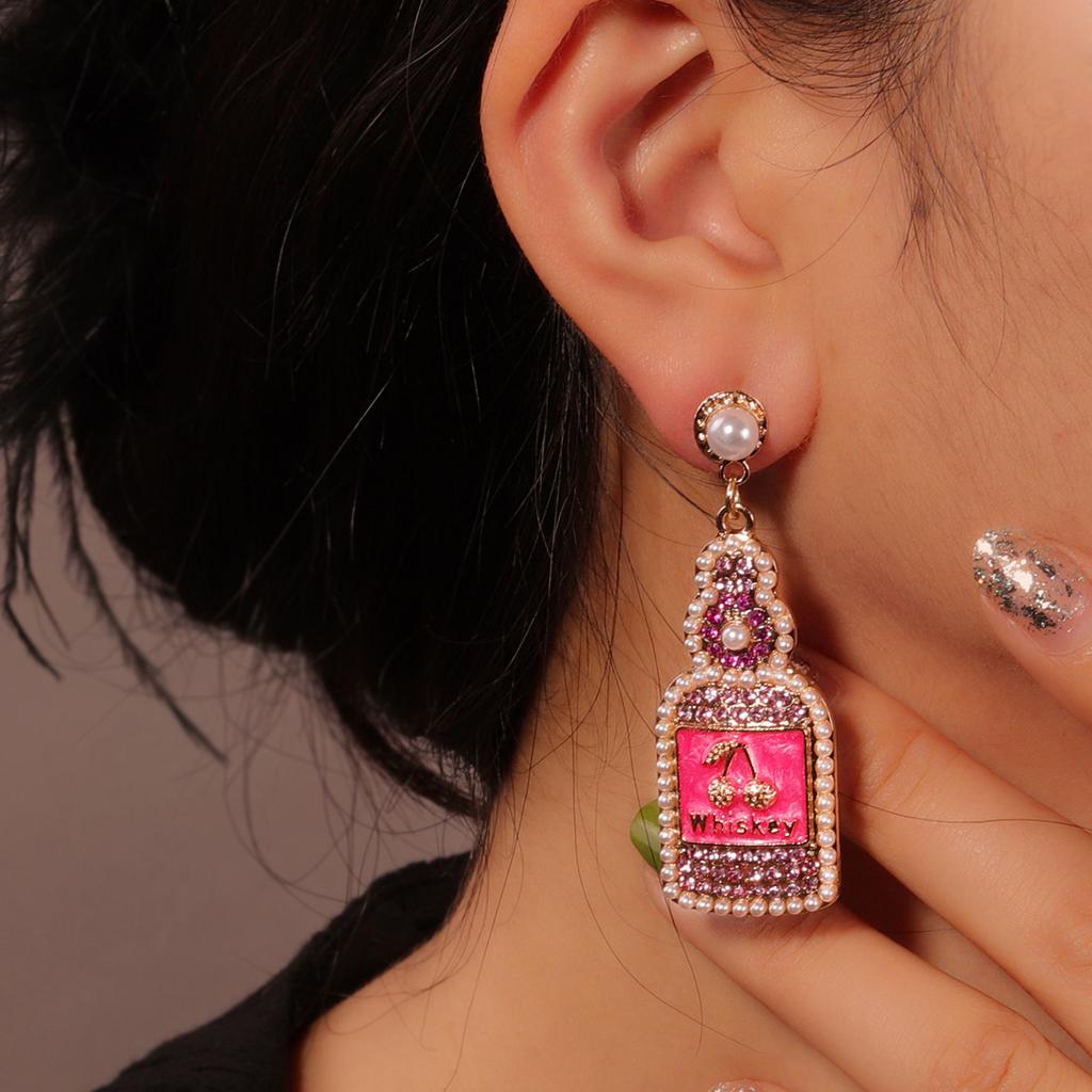 European and American New Fashion Light Luxury Gorgeous Style Temperament Geometric Wine Bottle Cherry Alloy Diamond Pearl Earrings
