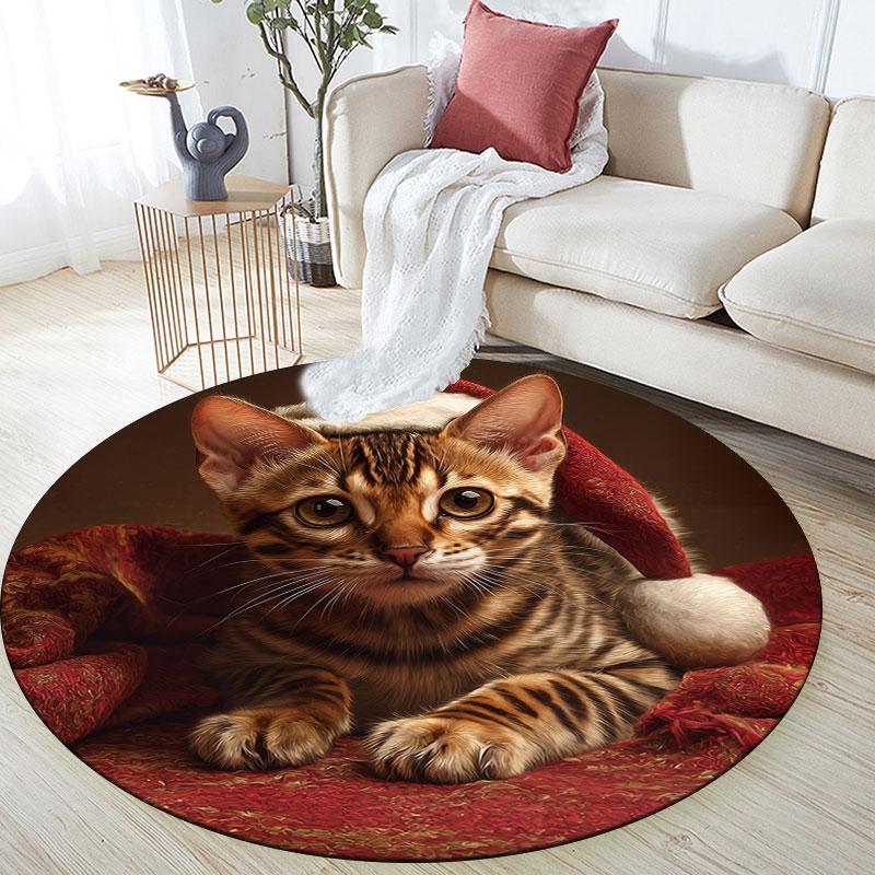 Christmas Cat pattern round rug,Carpet Rug for Living Room Bedroom Playroom ,Non-slip Floor Mat,Holiday Gifts and Birthday Gifts.