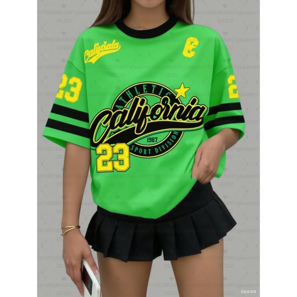 Printed Short Sleeved T-shirt, Summer Pattern T-shirt, Baseball Shirt, Plus Size Women's Sports T-shirt