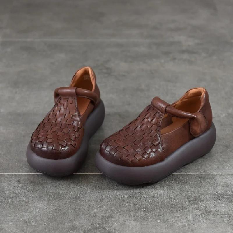 Johnature Hand Woven Genuine Leather Women's Shoes Comfortable Versatile Thick Soled Sandals