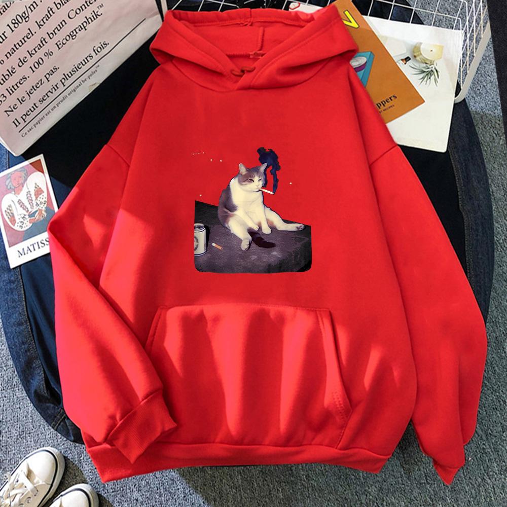 Funny Smoking Cat Meme Hoodies Cigarette Cat Cartoon Print Sweatshirt Cat Lover Unisex Pullover Stupid Brainrot Gift Streetwear Men women Anime jacket
