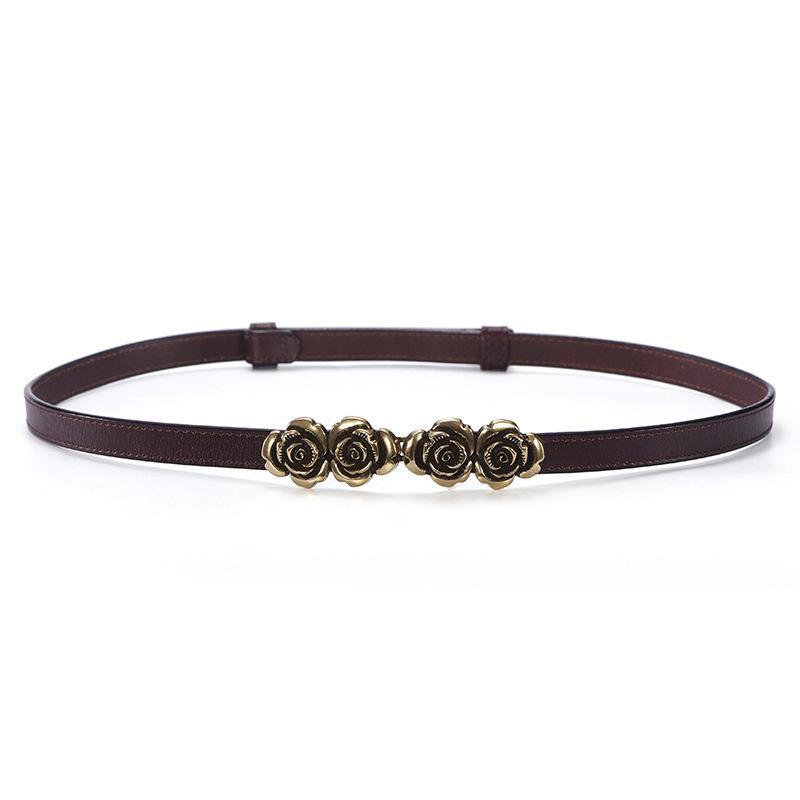 Women's Genuine Leather Flower Buckle Belt, Versatile High-End Waistband, Thin Cowhide Dress Accessory