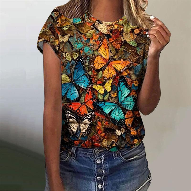 Buntes Schmetterling Tierdruck T-Shirt Damen Harajuku Vogel Blume Grafik Kurzarm T-Shirts Mode Grafik O-Ausschnitt T-Shirt Top