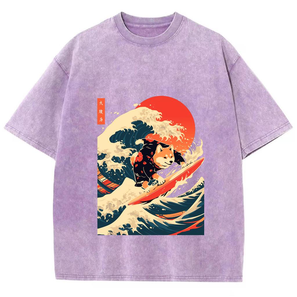 Japanischer Wind Wellen Sonnenuntergang Druck Baumwolle Waschung Denim T-Shirt Übergroß Unisex Halbarm Hohe Qualität Retro Top