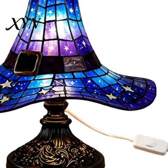Halloween Decoration Lamp Witch Hat Table Lamp, USB Powered LED Bedside Light, Resin Gothic Night Light for Bedroom, Living Room, Shelf Decor