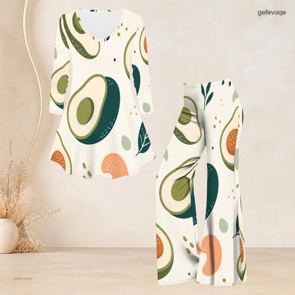 Women Plus Size Round Neck Three Quarter Sleeve Printed Flared Top Flared Pants Two Piece Set