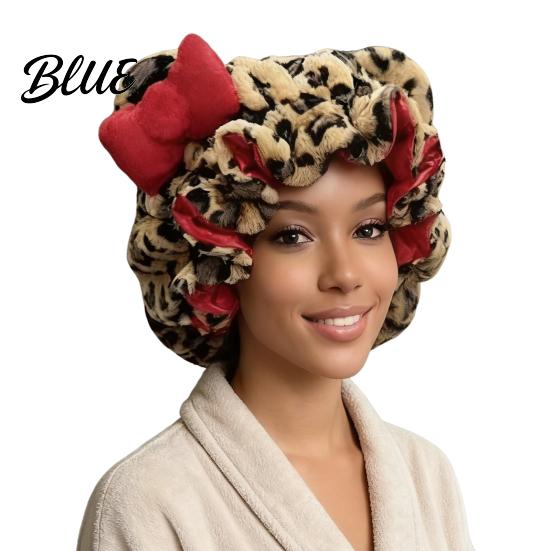 Soft Plush Sleep Hat Leopard Print Sleeping Bowknot 3D Cat Ear Decor Adjustable No Satin Cap Frizz Fit Double Layer Lined Hair Protection Bonnet
