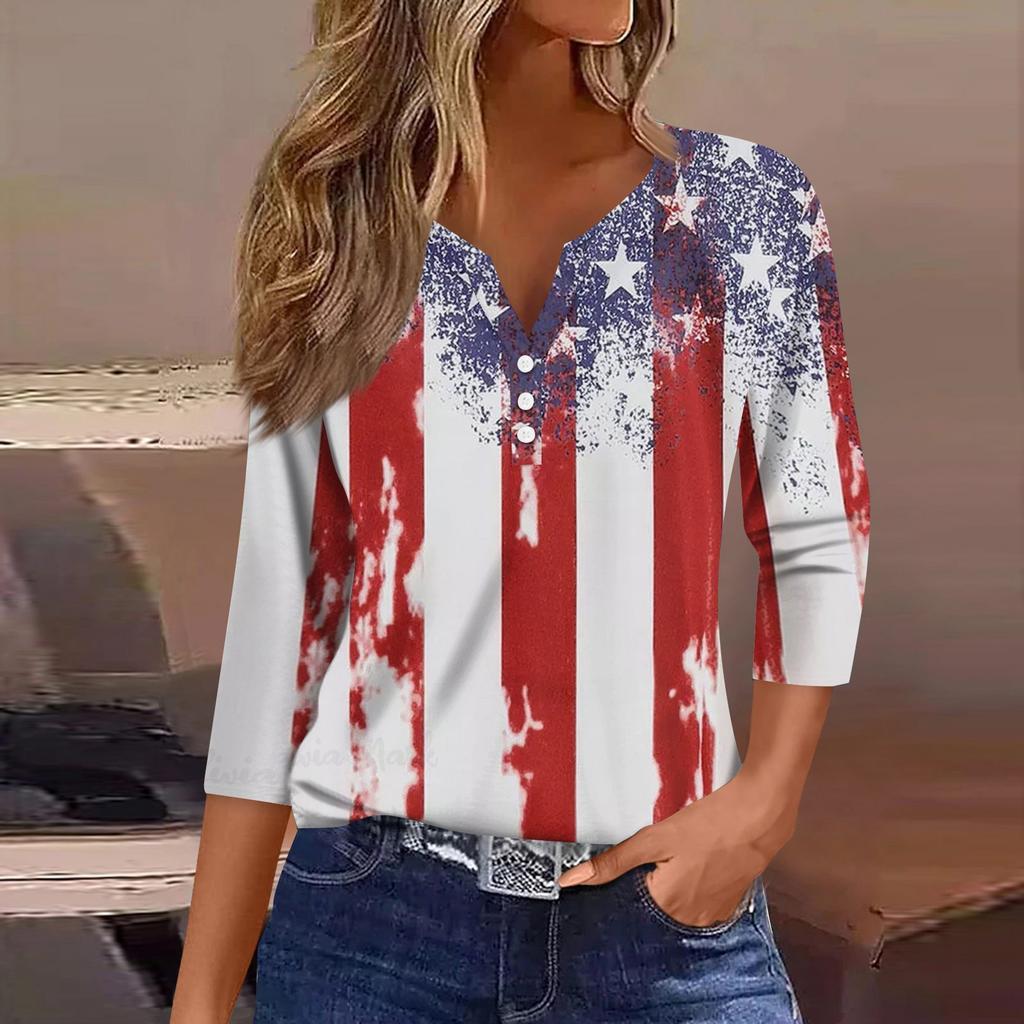 3/4 Length Sleeve Womens Tops Print Vintage Fashion Casual Loose With V Neck Plus Size Shirts Independence Day