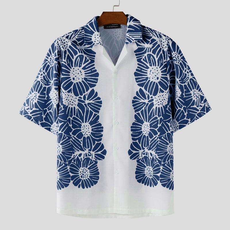 

INCERUN Men Lapel Neck Short Sleeve Print Stitching Casual Loose Shirts 4XL синий