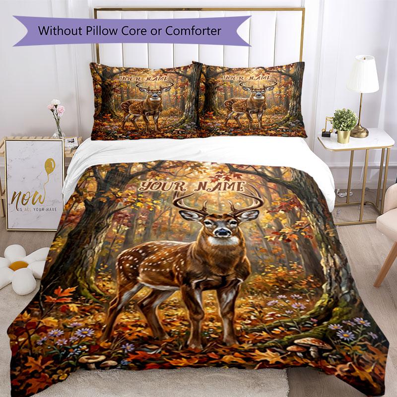 3PC Custom Name Autumn Forest Deer Majesty Bedding Set Duvet Cover Closure Includes 1 Duvet Cover & 2 Pillowcases for Bedroom