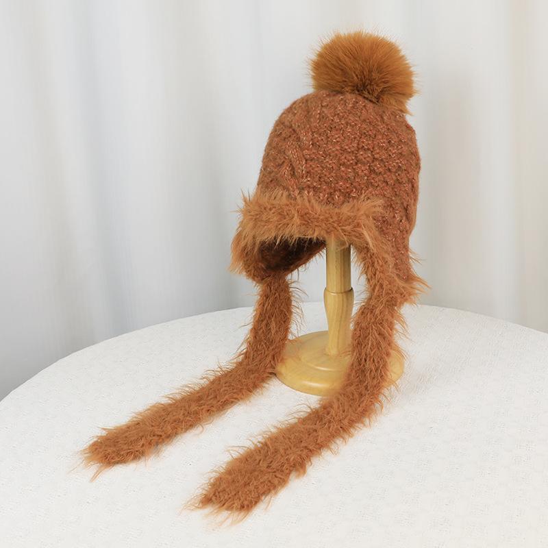 Fluffy Knit Trapper Hat Women Winter Warm Ear Flap Beanie with Pom Pom Soft Furry Ski Cap