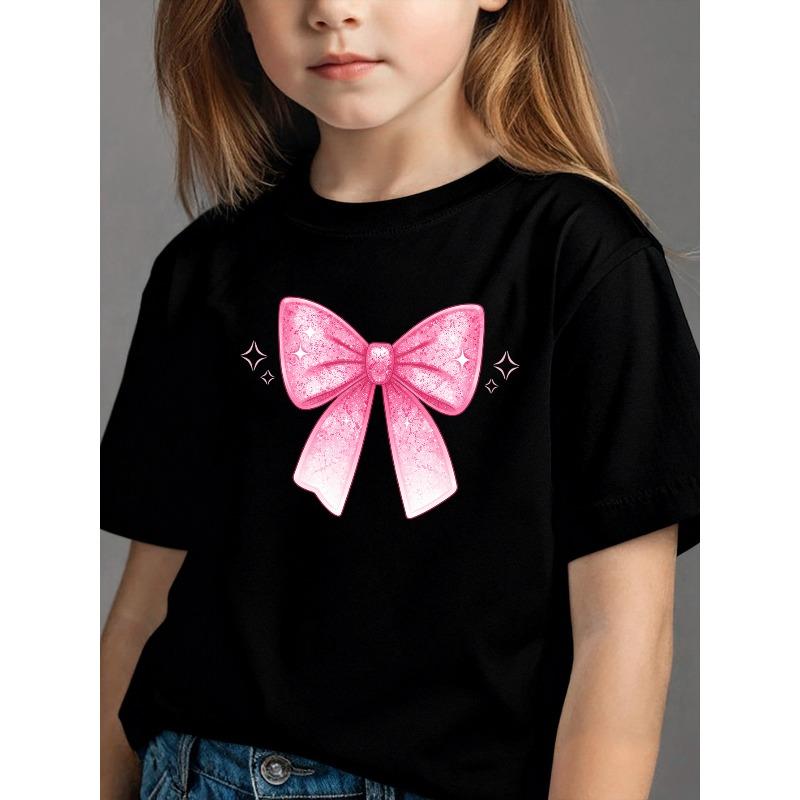 

European sizes Girls Summer Crew Neck Short Sleeve T-Shirt | Pink Glitter Bow Tie Print, Casual Comfortable Loose Fit, Ideal for School 164cm чорний