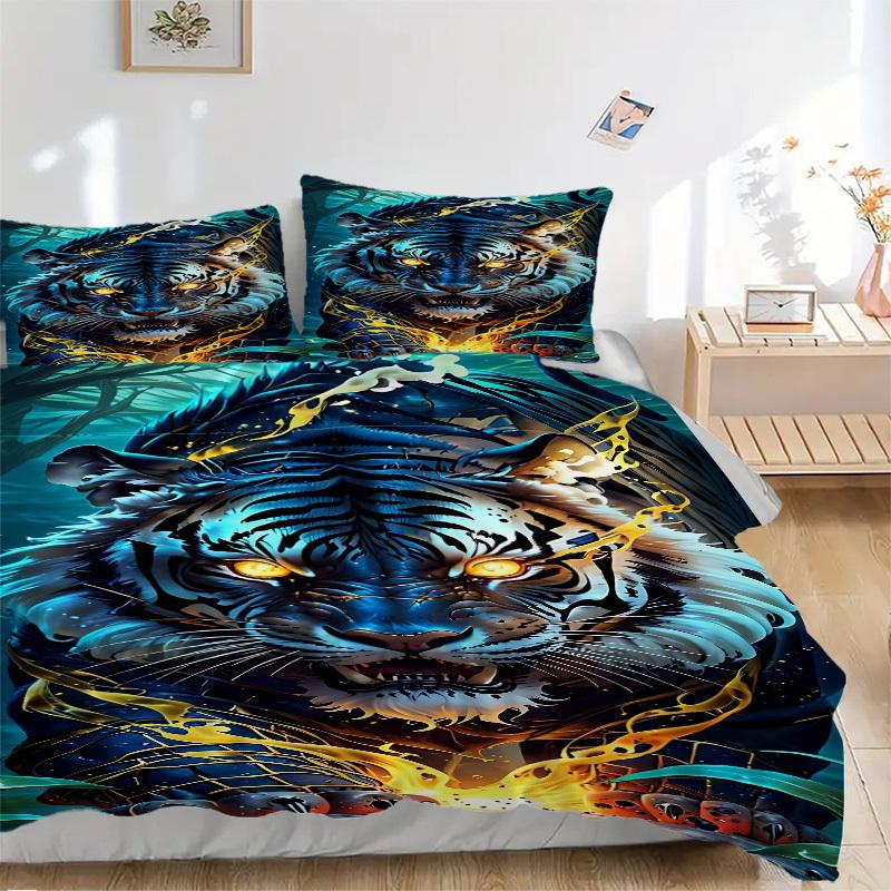 

3PCs Tiger Print Design Cover Set, Breathable Fabric, Machine Washable (1 Duvet Cover + 2 Pillowcases) (Without Quilt) yy250911155 135x200cm