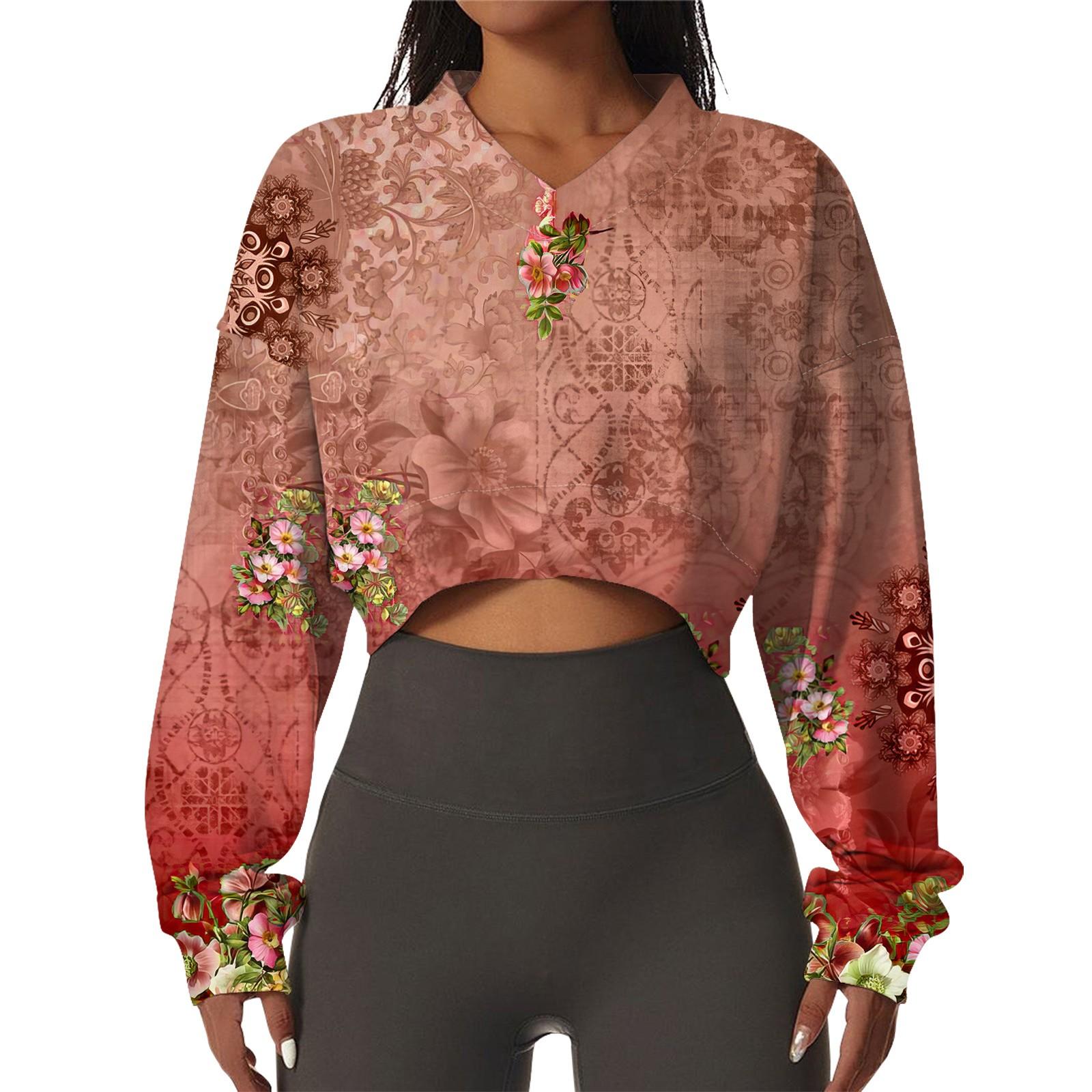 

Женская повседневная модная сексуальная удобная спортивная толстовка с V-образным вырезом и длинным рукавом с цветочным принтом XL арбуз красный