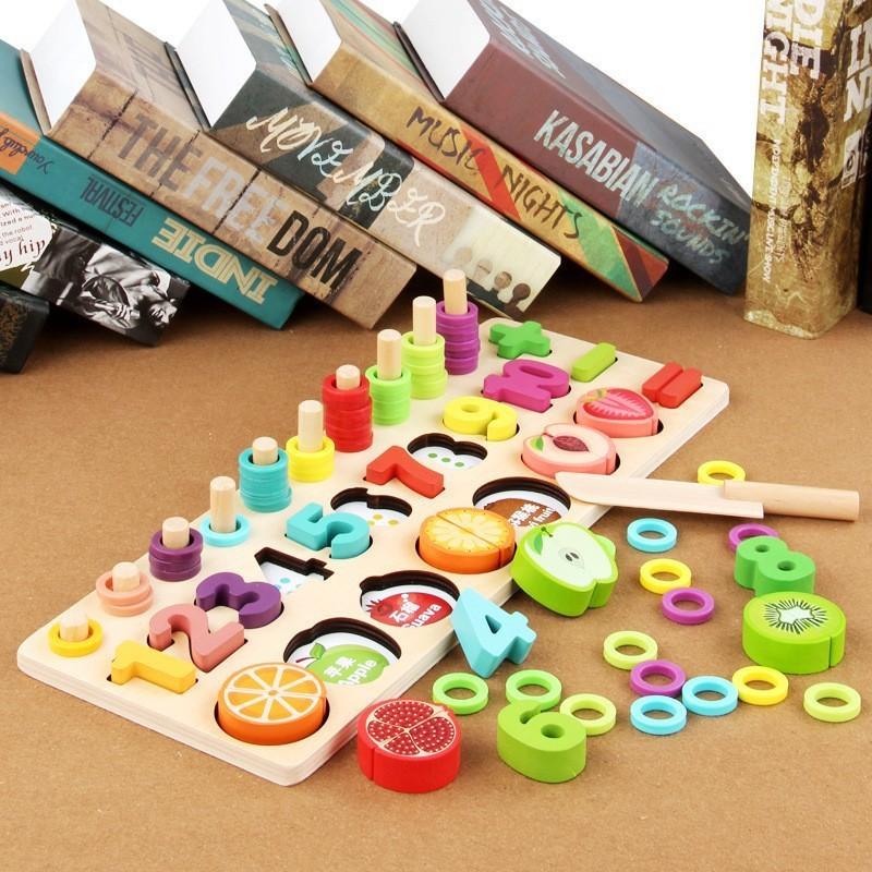 Wooden cartoon dinosaur fishing logarithmic board shape matching digital puzzle building block cognitive baby enlightenment toy