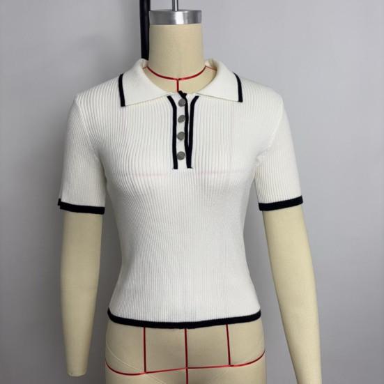 Women Short Tops Patchwork Color Short-Sleeve Lapel Tops with Buttoned Neckline Regular