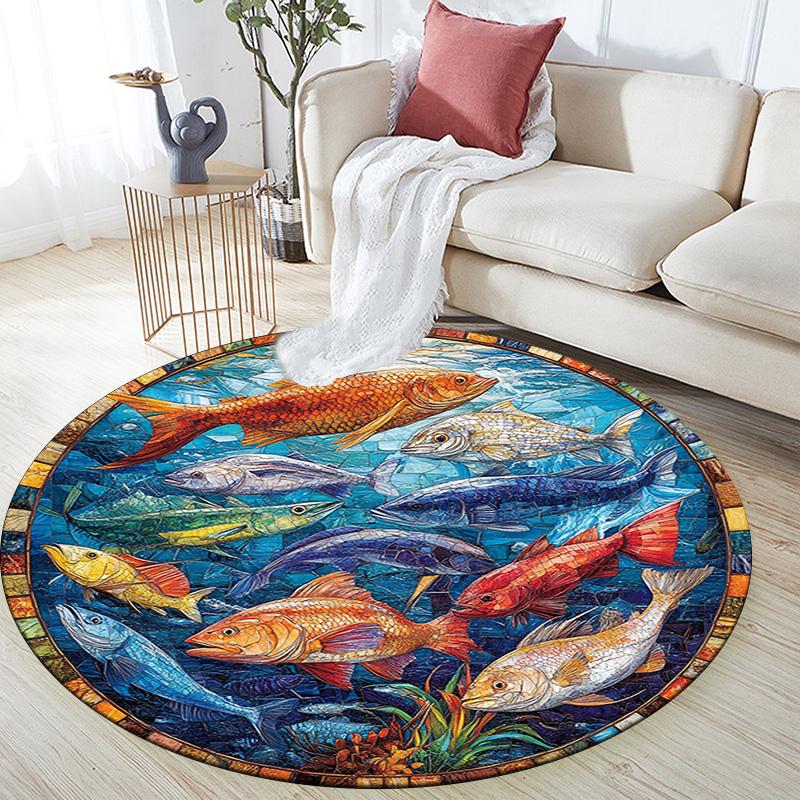 Ocean Fishes Round Area Rug,Carpet Rug for Living Room Bedroom Sofa Playroom Decor,Non-slip Floor Mat