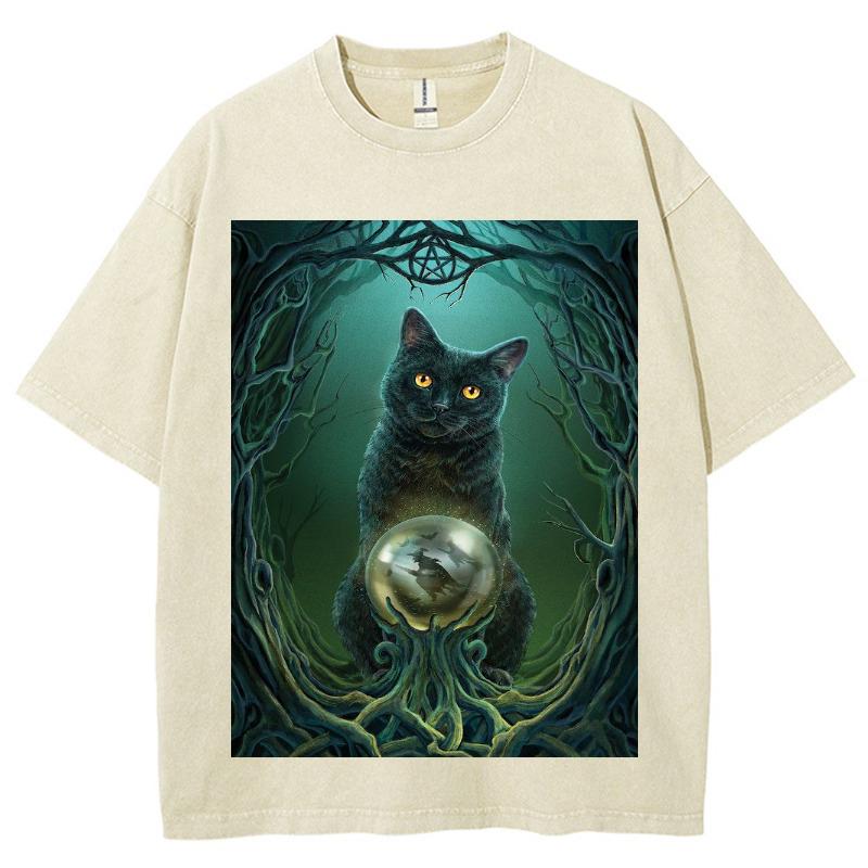Cartoon Blaue Katze Magisches Thema Print Damen T-Shirt Unisex Übergroß Locker Retro Harajuku Stil Kurzarm Oberteil Basic T-Shirt