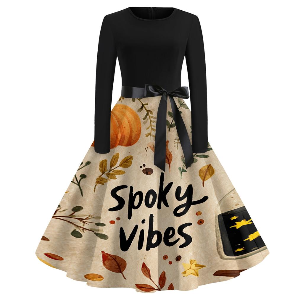 Women's Casual Long Sleeve Round Neck Vintage Halloween Print Midi Dress with Waist Tie Belt Retro Style