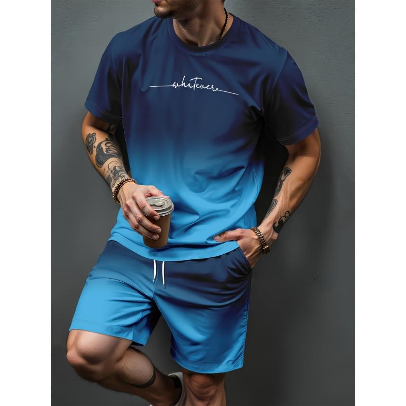 Heren Zomer Casual T-shirt en Korte Broek Set Verloop Letterpatroon Sportieve Tweedelige Set Stedelijke Mode Casual Trend Set