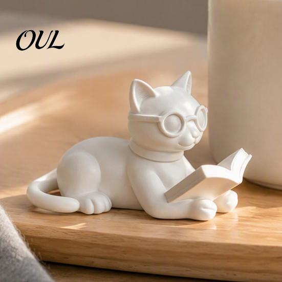Cat Reading Book Figurine 3D Printed Figurine, Decorative Statue with Eyeglasses, Childlike Room Decoration Creative Animal Desktop Ornament for Home