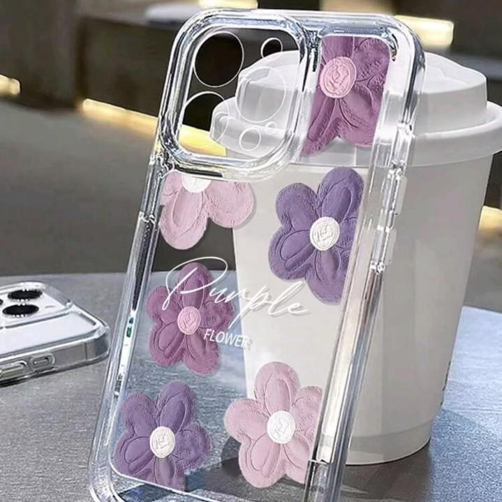 Nordic Style Pink Purple Floral Oil Painting Phone Case for iPhone 17 Pro Max/16e/15 Pro/14 Soft Shell