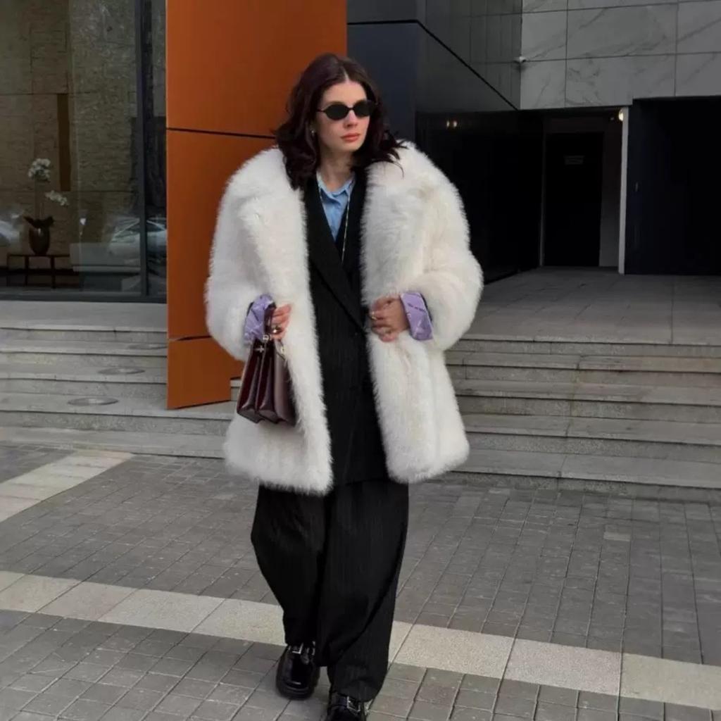 VAYLA Fashion Fluffy Furry Faux Fur Jacket Women Winter Shaggy Overcoats Thick Warm Medium Length Fox Fur Coat Plush Outerwear Femme