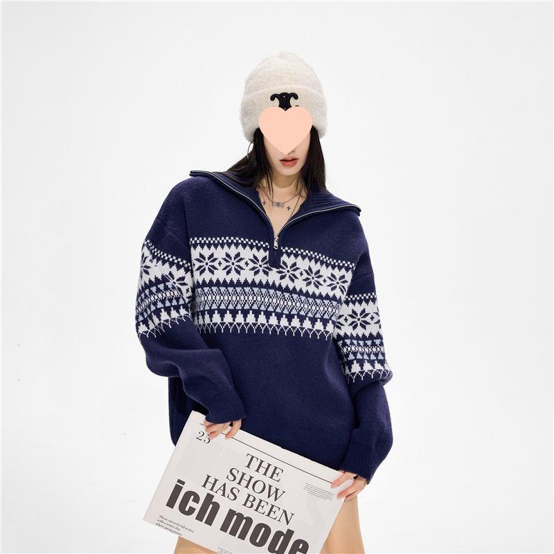 Женский свитер-поло ICH MODE с красным узором «Фэйр-Айл» на молнии - Идеально подходит для весны, осени и Рождества. S темно-синий