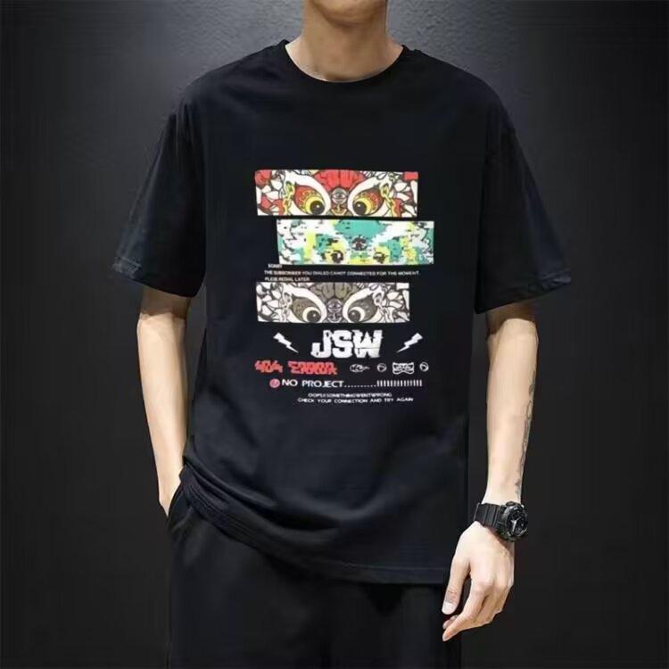 Новая короткая футболка с круглым вырезом, мужские свободные повседневные топы, модная футболка с универсальным принтом M чёрный