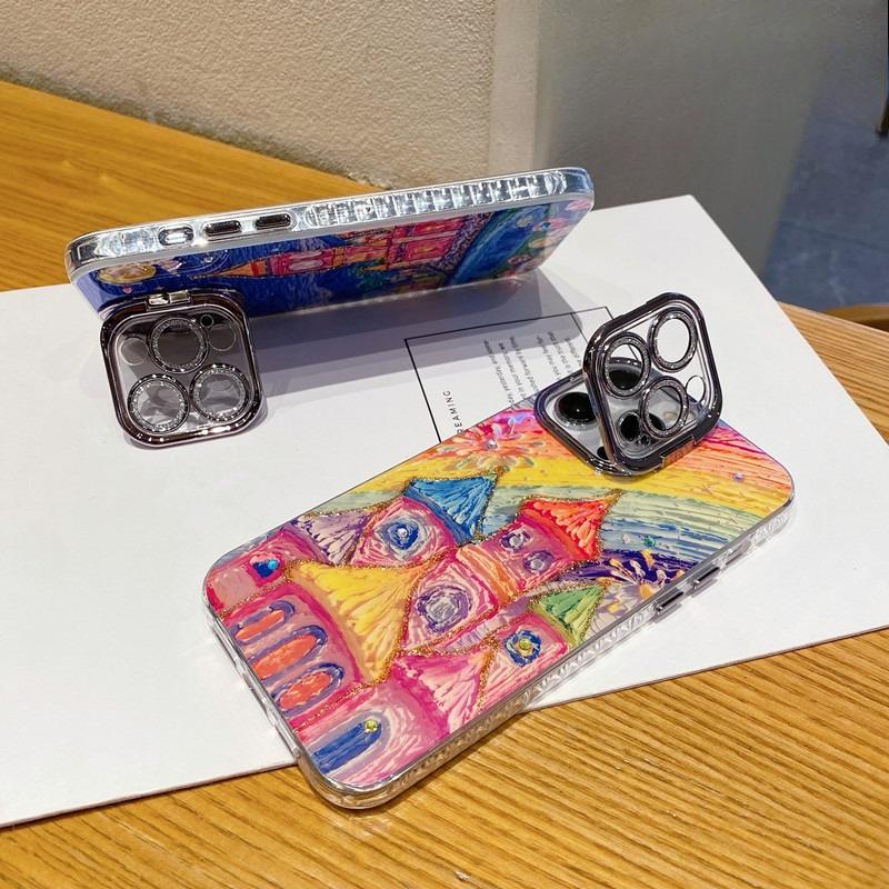 Applicable To IPhone 16 Blu ray Castle Mobile Case Oil Painting Apple 15 with Bracket 14proMax Anti Fall Protection Case