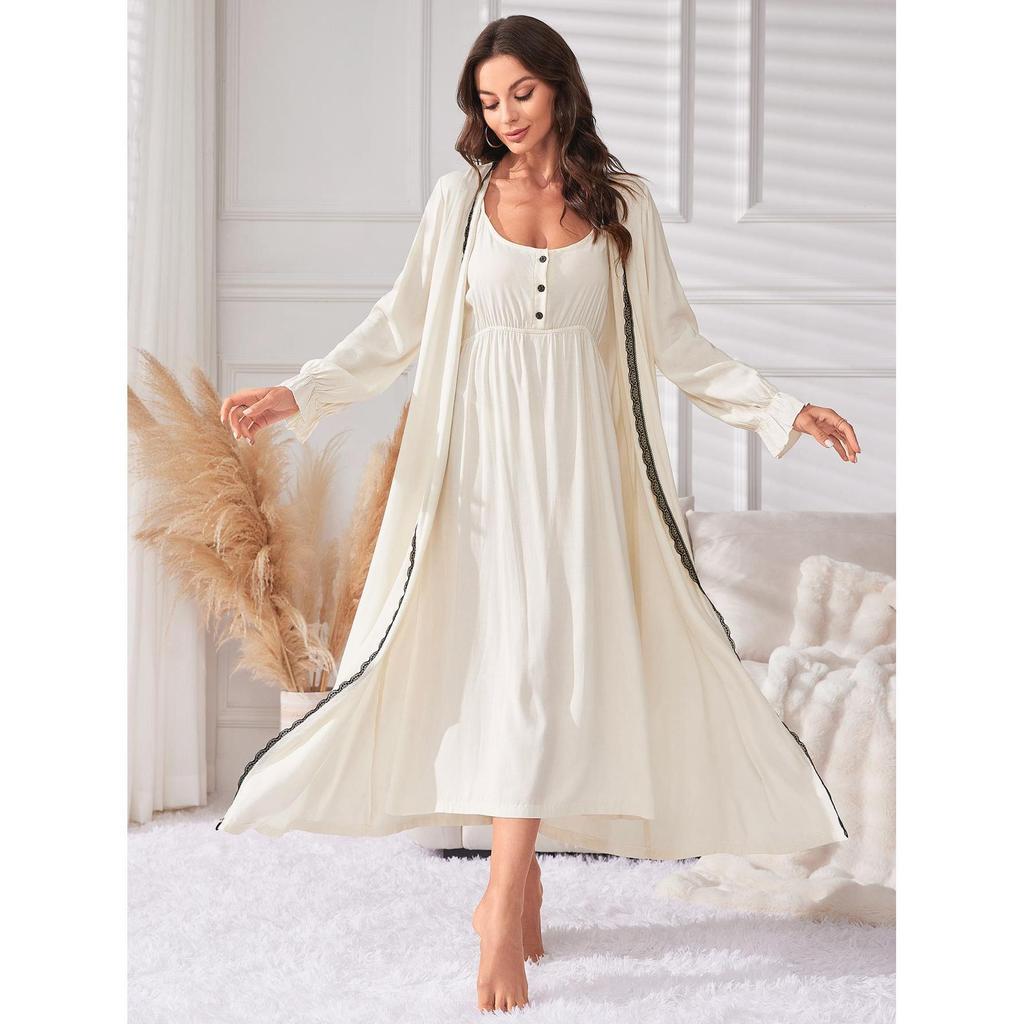 Women's Minimally Casual Mid Length Camisole Nightgown Night-robe Pajamas Sling Nightdress Lace Trim Long Sleeves Robe Home Casual Sleepwear