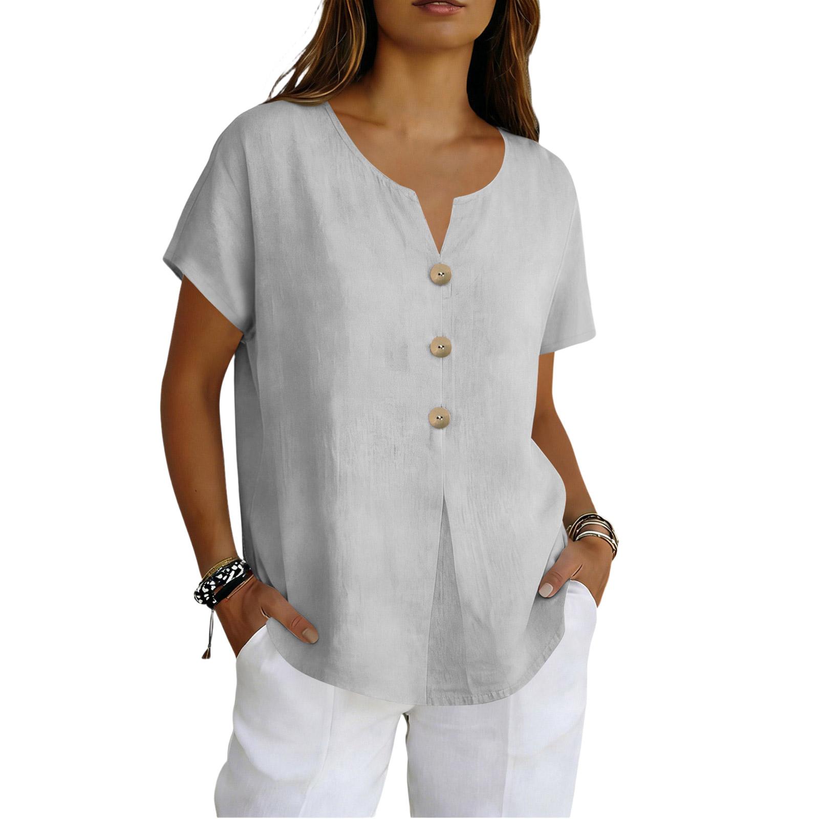 Women s Casual Short Sleeve V-neck  Button Top XXL