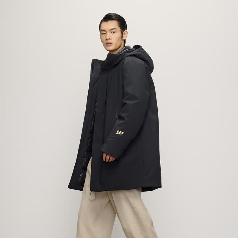 Men's Black Goose Down Mid-Length Trench Coat