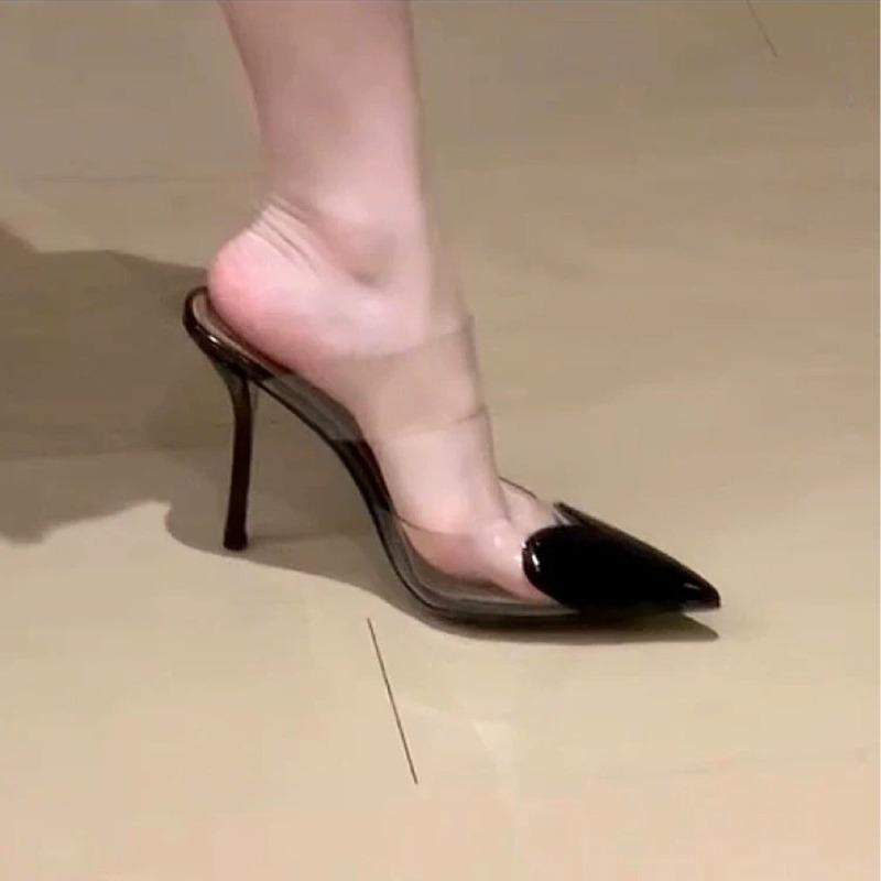 High heels transparent love surface spring and summer new color matching thin heels women's shoes light mouth bag head half drag pointed women's shoes